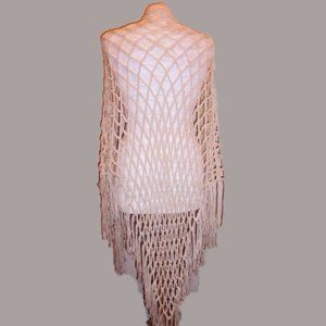 Shawl Crochet Handmade Ivory Fringed Fishnet Large